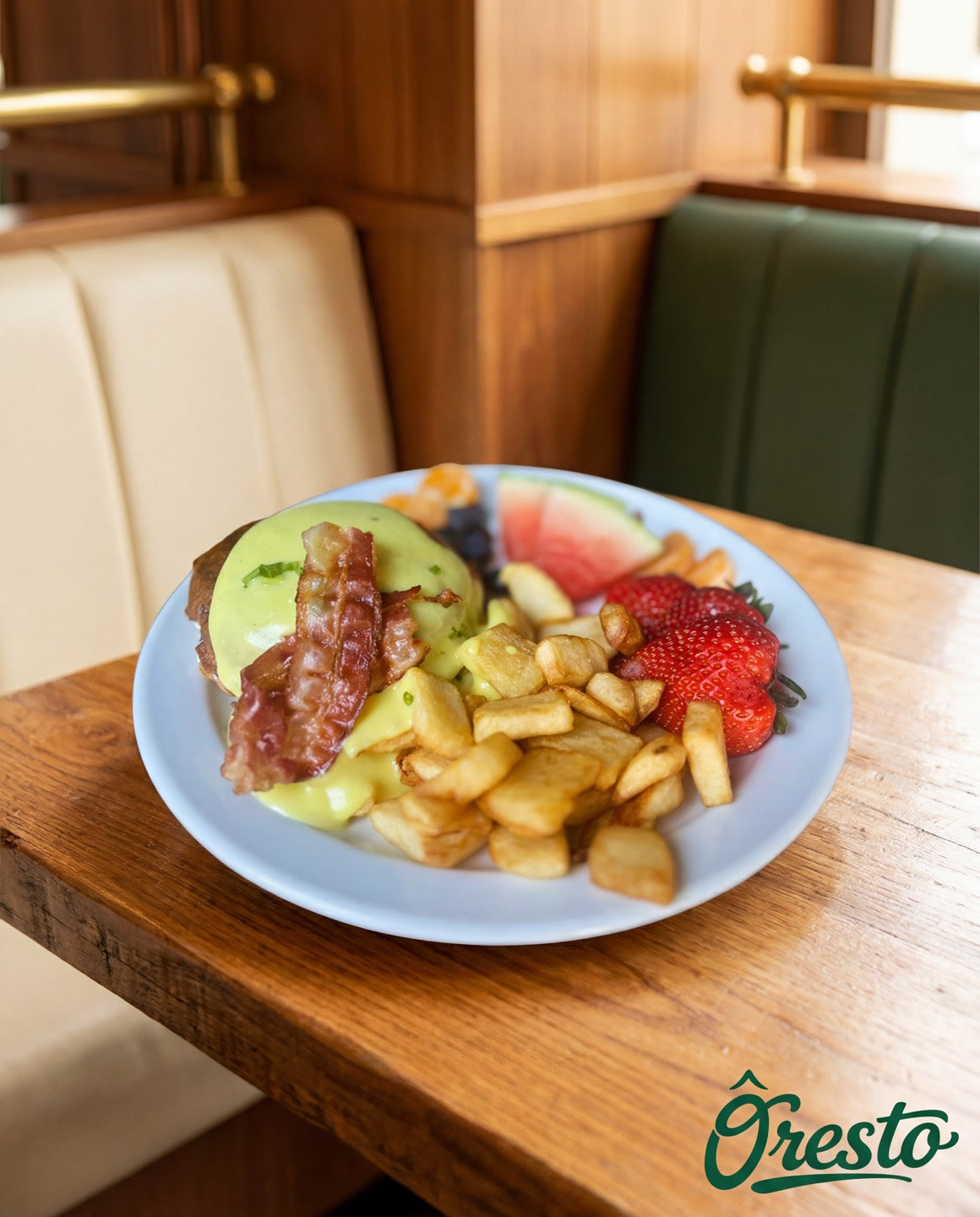 Assiette déjeuner avec hollandaise, bacon, fruits et pommes de terre
