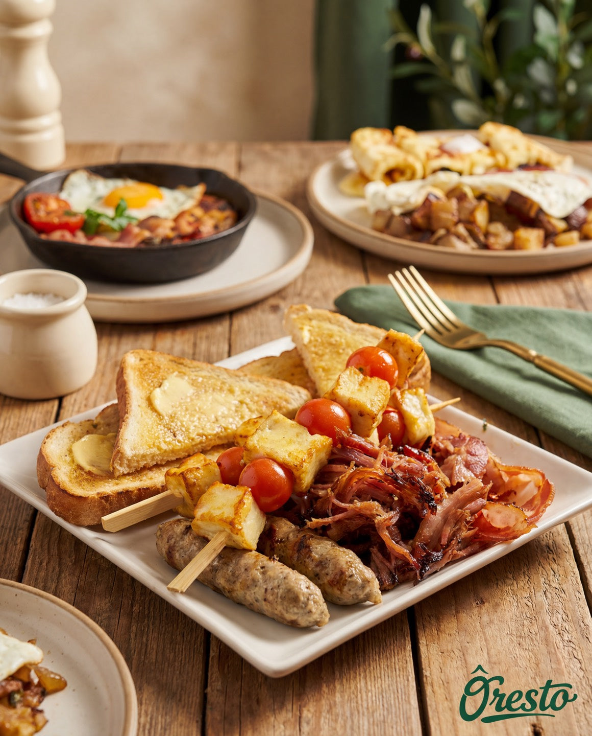 Plateau déjeuner généreux sur table de bois chez Ôresto