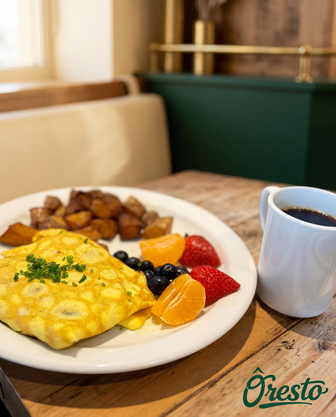 Déjeuner avec omelette, fruits, pommes de terre et café