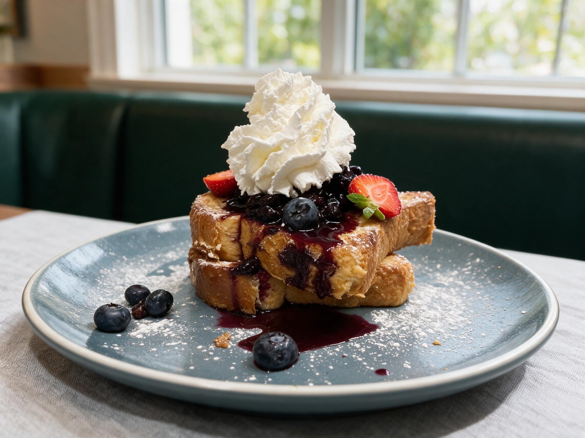 Pain doré La Mère Ménard avec compotée de bleuets, fruits frais et chantilly